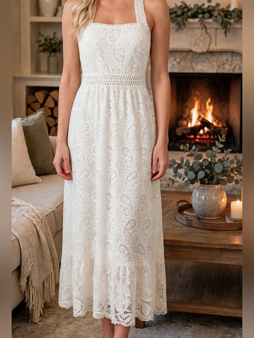 High End $495 BA&SH AUSTIN Long off White Lace Cutout long Midi Dress NWT 0-2 XS